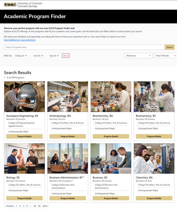 Original UCCS Program Finder Interface